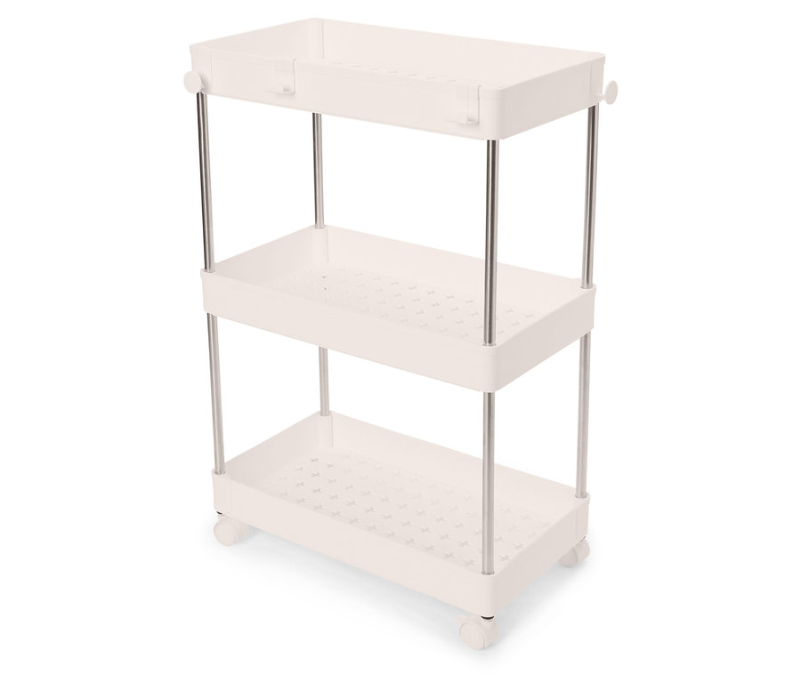 Chariot de rangement blanc à trois niveaux avec des barres métalliques argentées et des roulettes.
