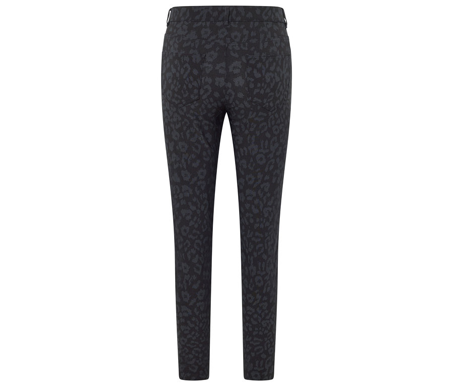 Pantalon noir à motif animalier vu de dos.