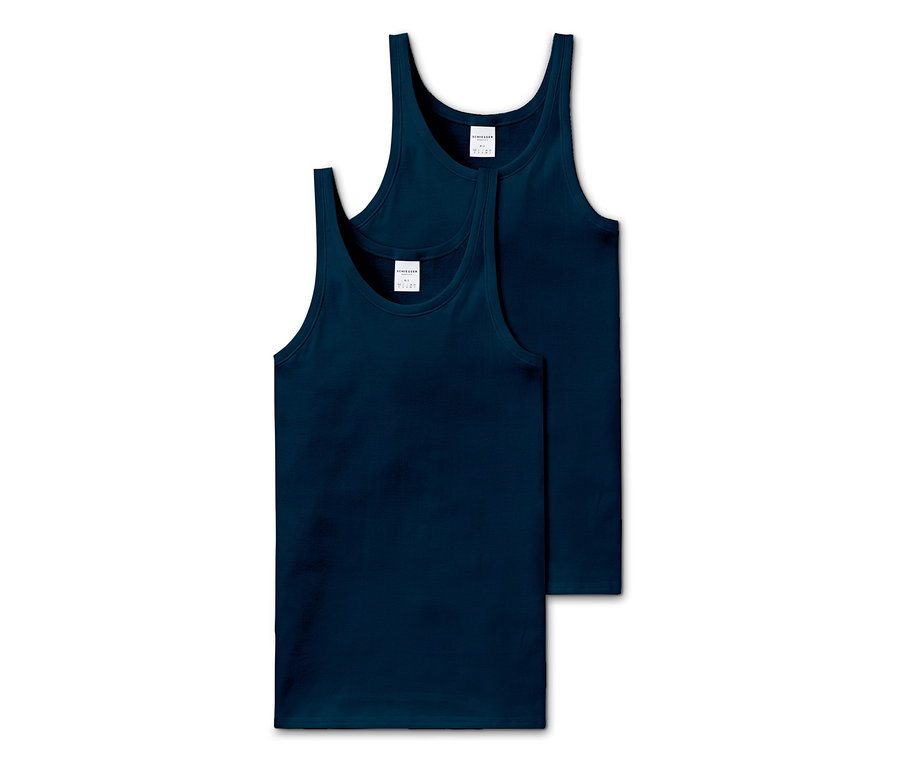 Deux maillots de corps bleus SCHIESSER en maille côtelée fine.