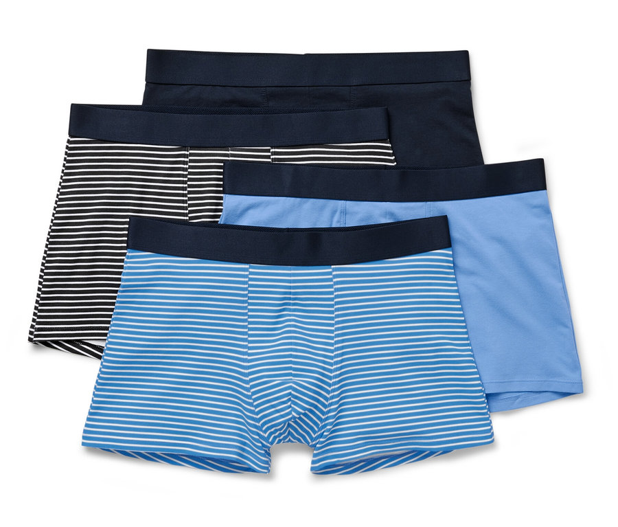 Quatre boxers : un bleu rayé, un noir rayé et deux bleus.