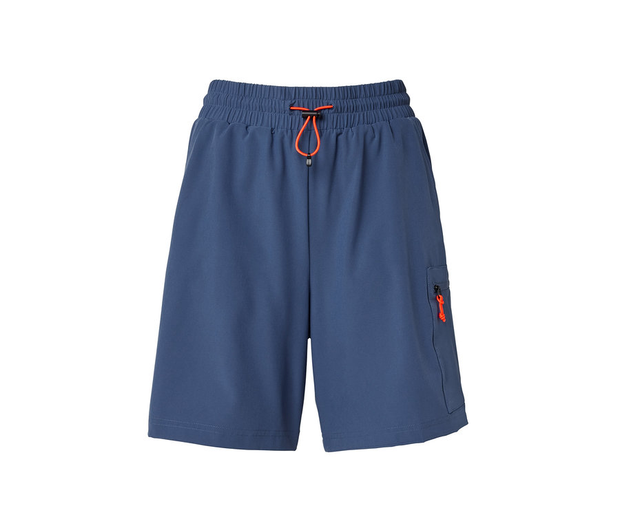 Short pliable bleu avec cordon de serrage orange et poche zippée.
