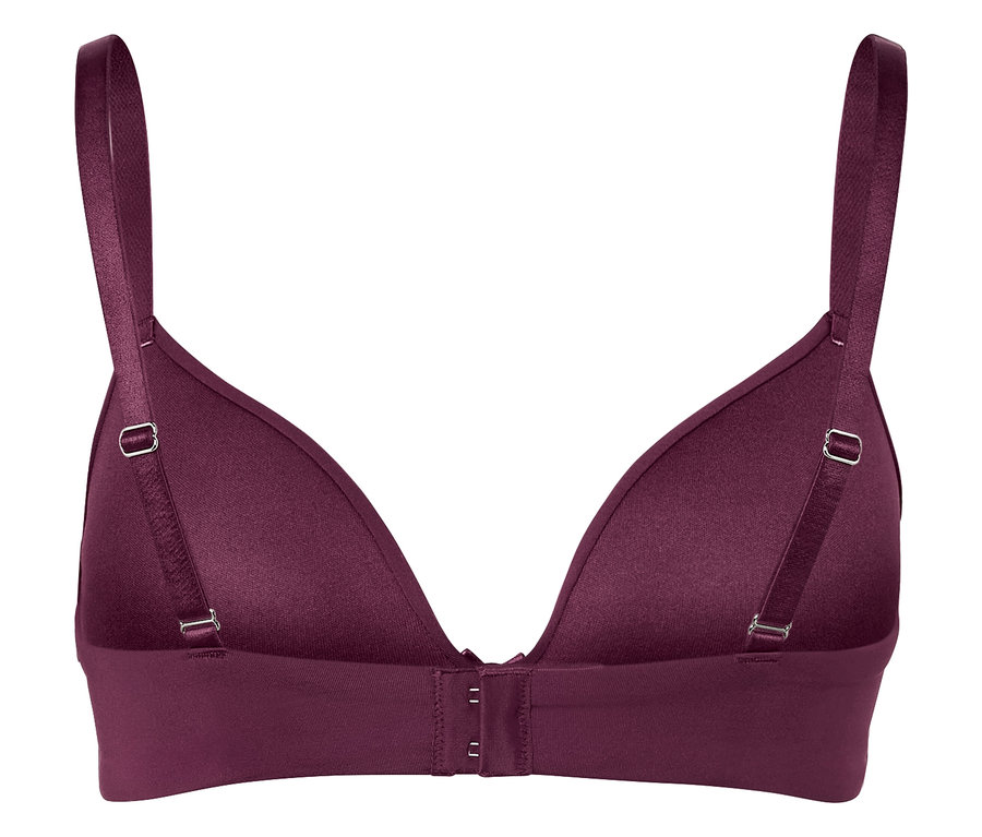 Détail d'un soutien-gorge violet avec bretelles réglables et fermeture à agrafes.