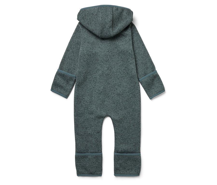 Vue arrière d'une combinaison à capuche bleu-gris pour enfant.