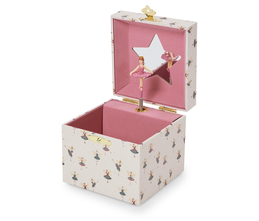 Boîte à musique ouverte avec ballerine en robe rose et miroir en forme d'étoile.