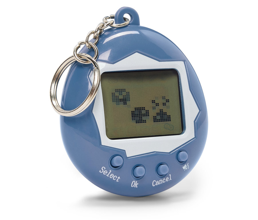 Jouet Tamagotchi bleu avec des graphiques pixellisés à l'écran, avec les boutons Sélectionner, OK et Annuler.