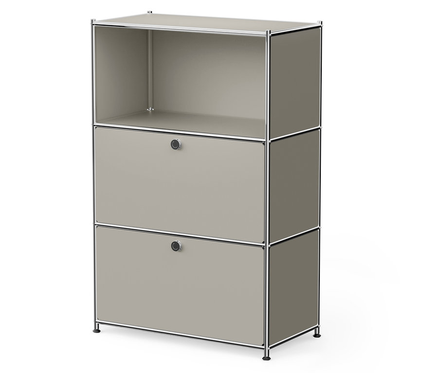 Armoire beige avec deux tiroirs et une étagère ouverte.