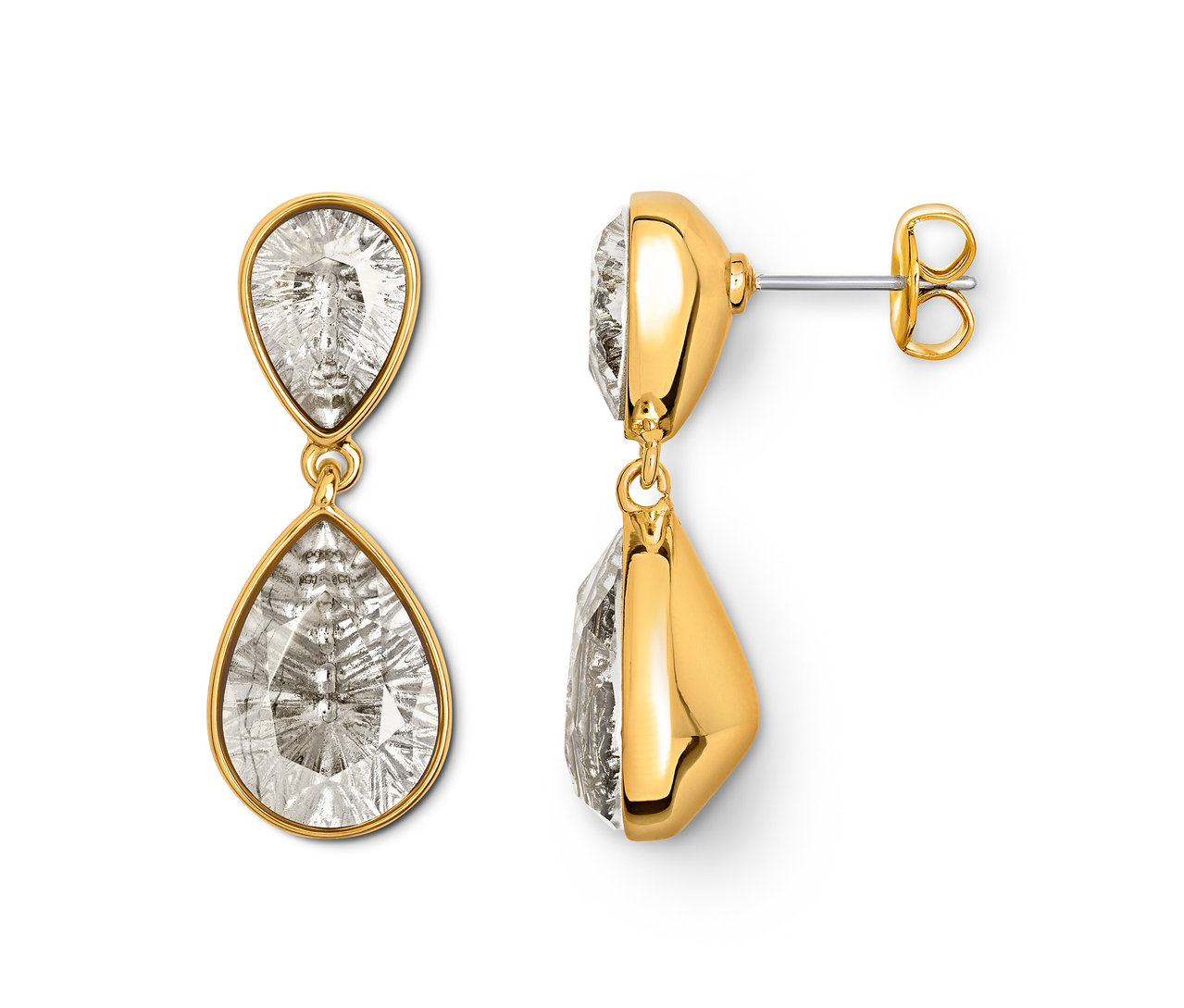 Boucles d'oreilles avec monture dorée et pierres transparentes en forme de larme.