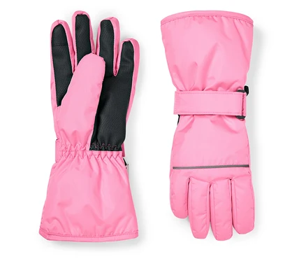 Deux gants de ski roses, l'un avec la paume vers le haut et l'autre fermé.