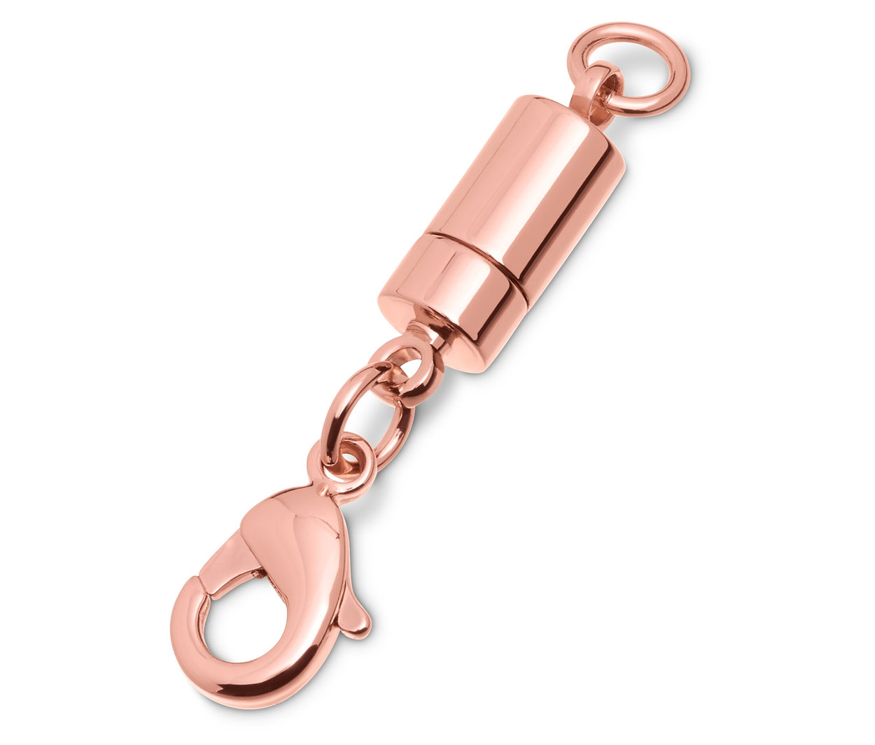 Gros plan d'un fermoir magnétique en or rose avec un fermoir mousqueton.