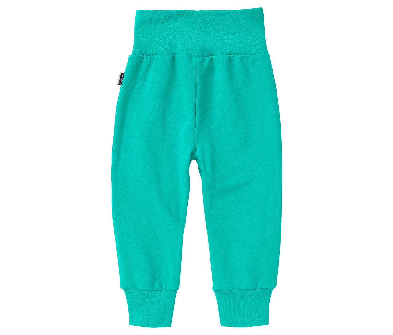 Un pantalon en jersey pour bébé Jako-O de couleur cascade est posé sur un fond blanc.