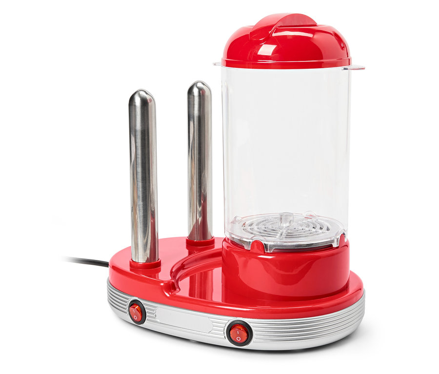 Un cuiseur à hot-dogs rouge avec deux broches chauffantes argentées et un récipient transparent.