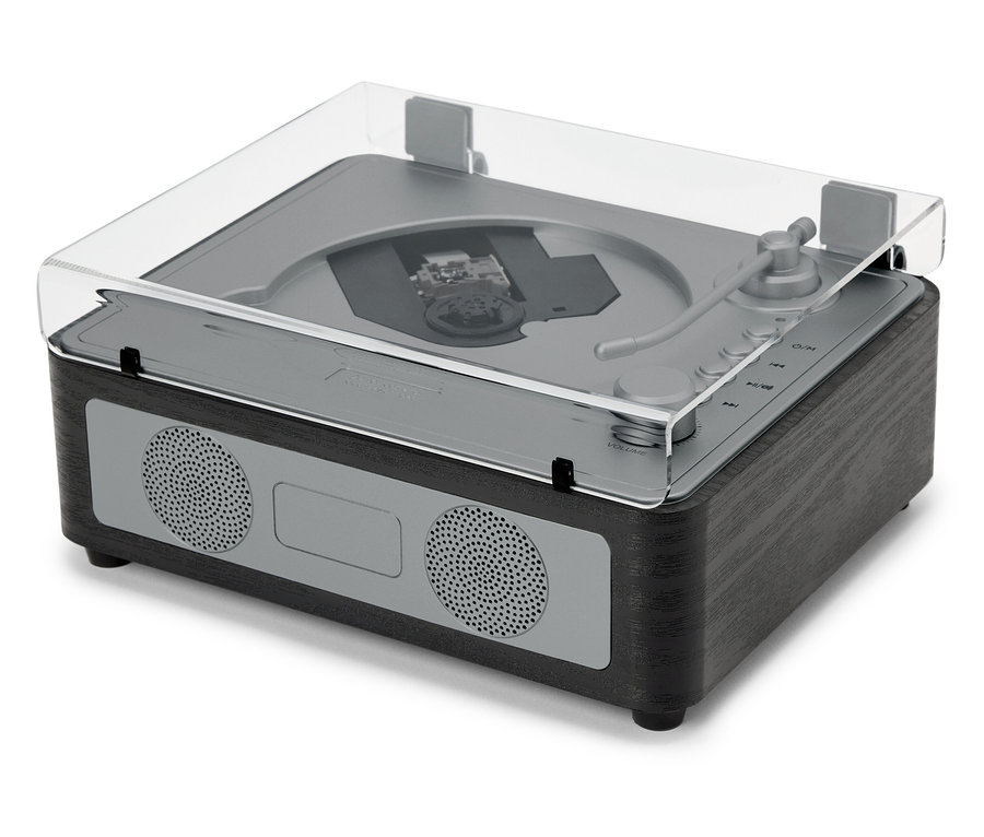 Un haut-parleur CD/Bluetooth® avec un couvercle transparent est posé sur une surface blanche.