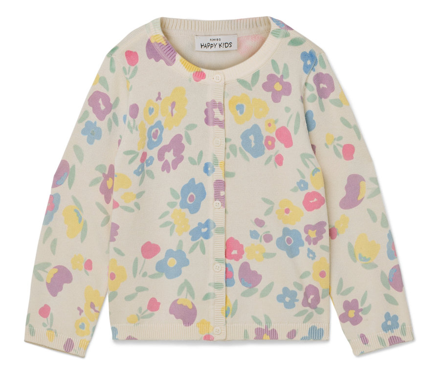 Un cardigan crème pour enfants avec un motif floral jaune, bleu, rose et violet.