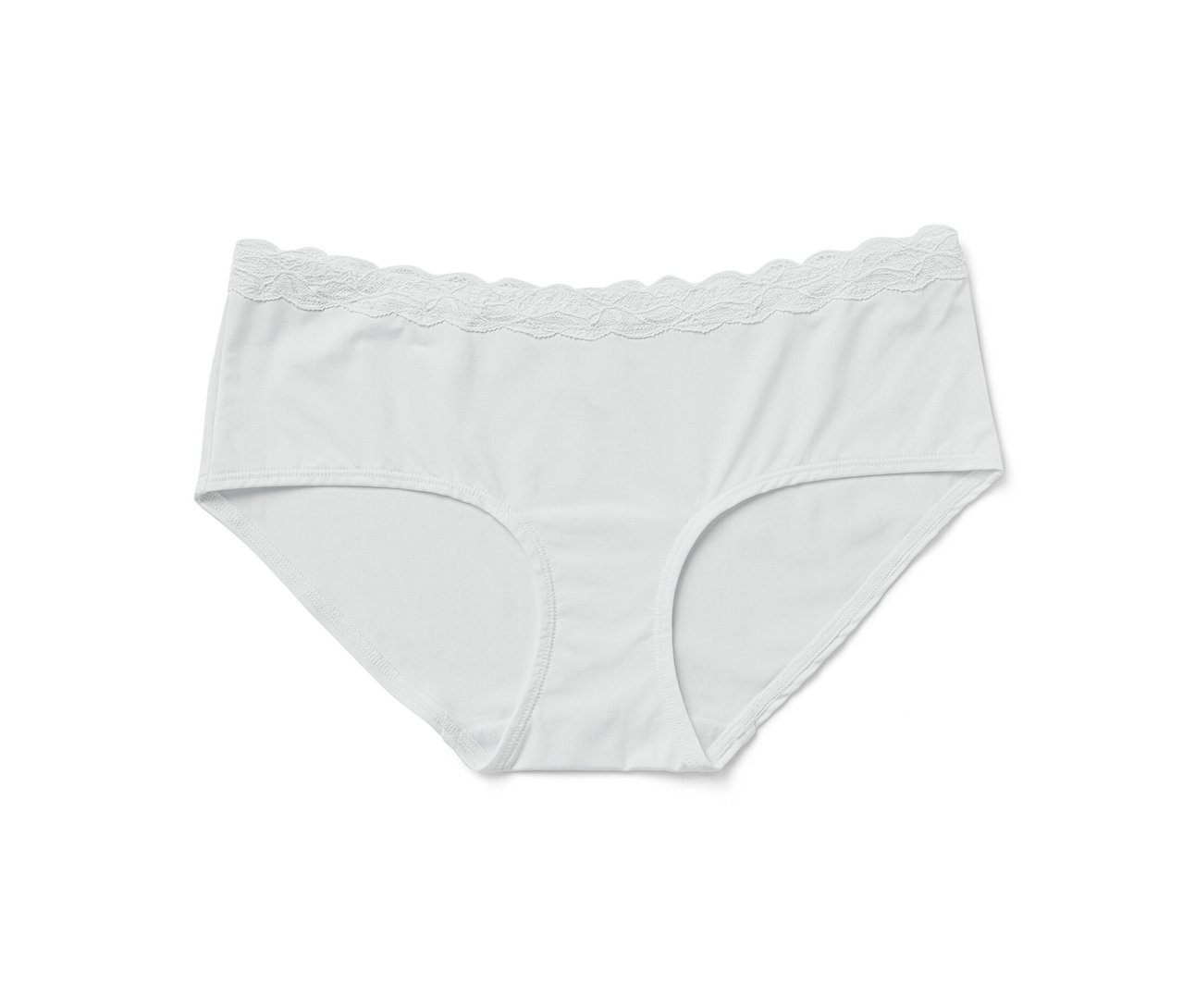 Une culotte blanche du lot de "5 culottes", avec de la dentelle, est posée sur un fond blanc.