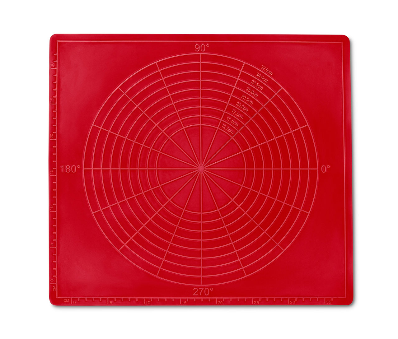 Tapis de cuisson réutilisable rouge avec marquages d'angles et de cercles.