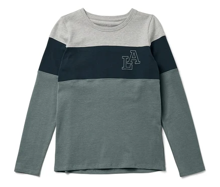 T-shirt tricolore à manches longues avec partie supérieure grise, partie centrale bleu foncé et partie inférieure gris-vert, et logo LA.