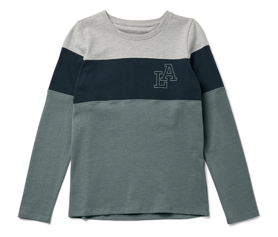 T-shirt tricolore à manches longues avec partie supérieure grise, partie centrale bleu foncé et partie inférieure gris-vert, et logo LA.