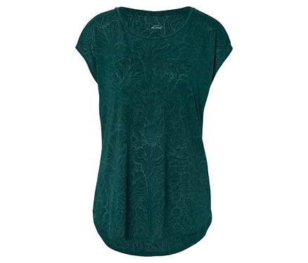 T-shirt vert à motifs sur fond blanc.