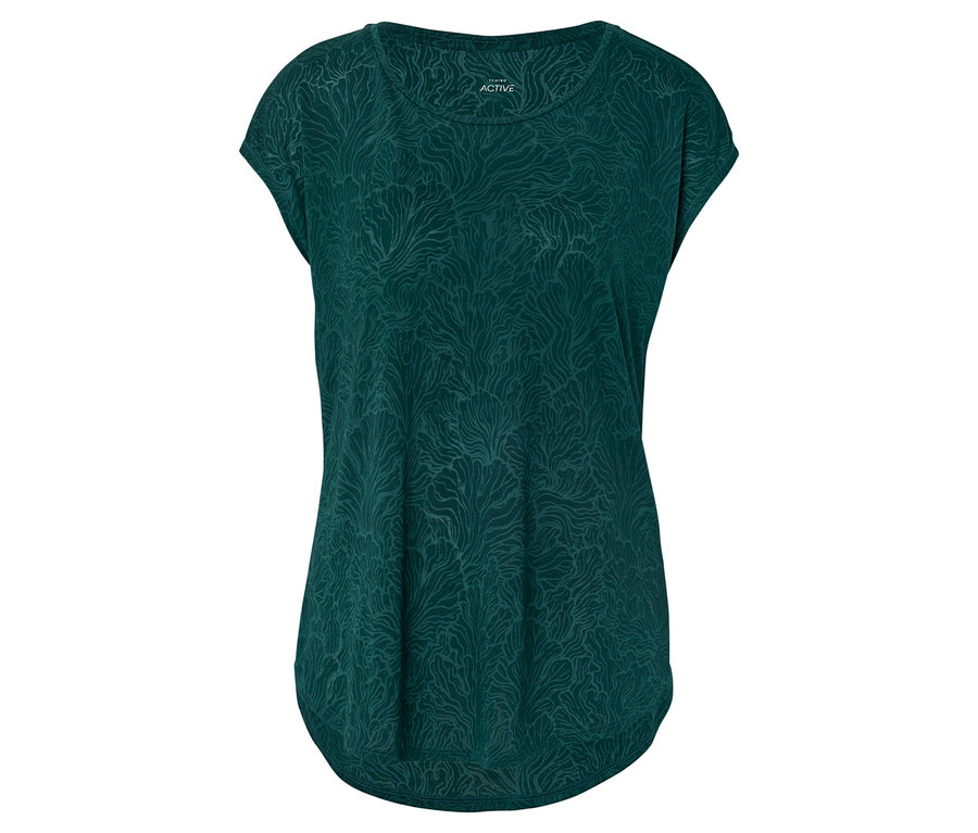 T-shirt vert à motifs sur fond blanc.