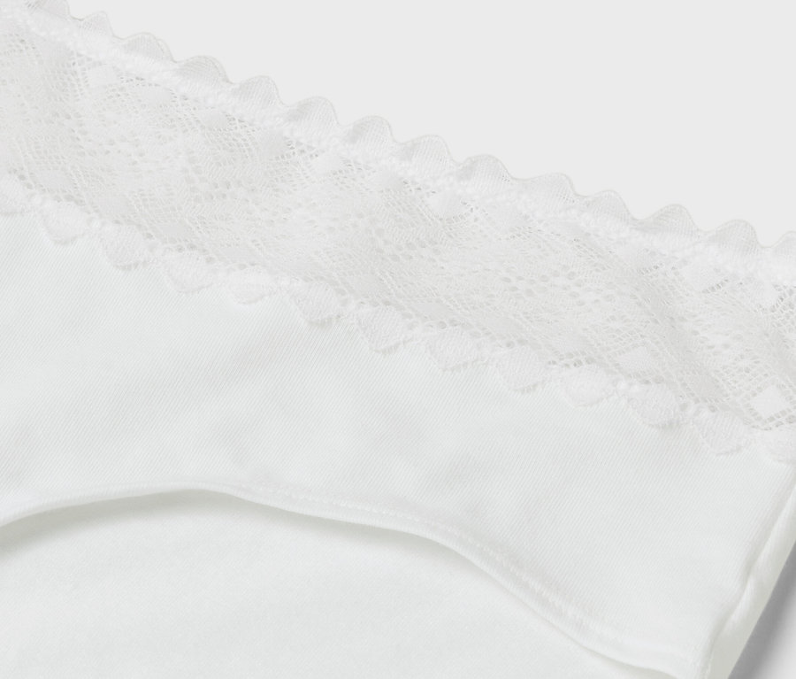 Gros plan d'une culotte blanche avec de la dentelle blanche.