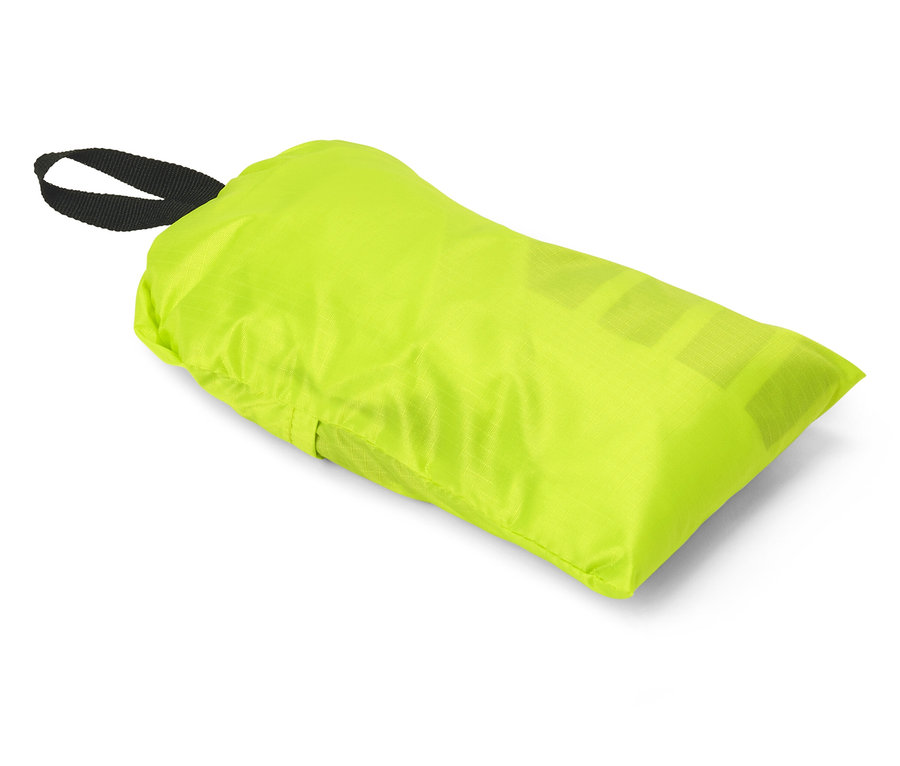 Un sac de rangement jaune fluo est posé sur un fond blanc. Il a une boucle noire sur le dessus.