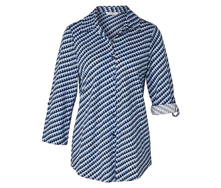 Blouse en jersey piqué à imprimé intégral bleu foncé-blanc-bleu clair avec manches retroussées.