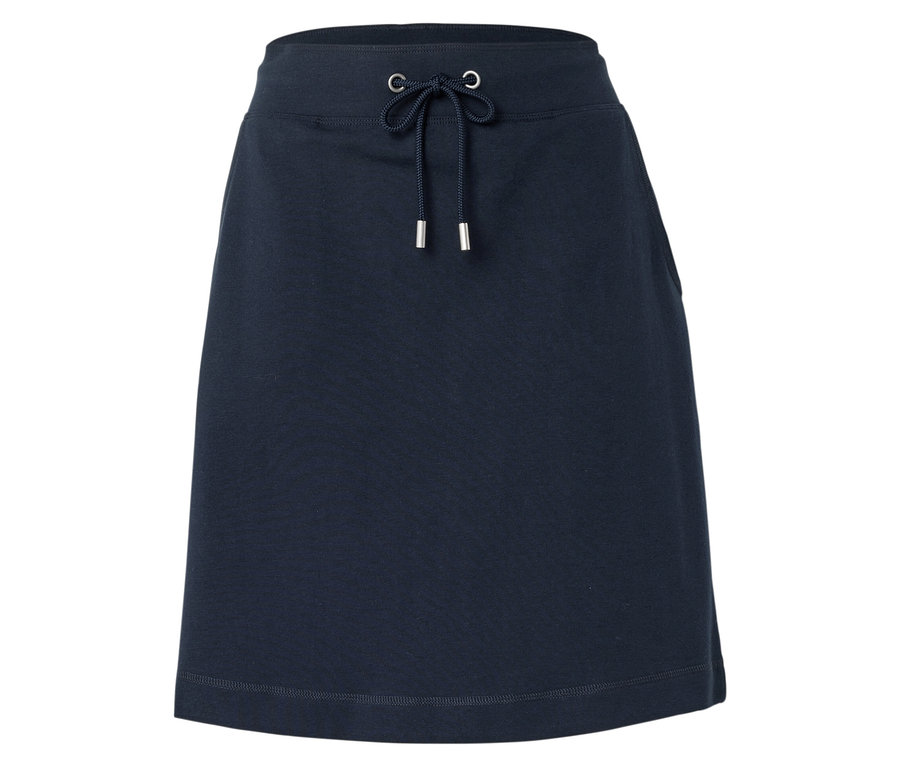 Jupe bleu foncé avec cordon de serrage sur fond blanc.