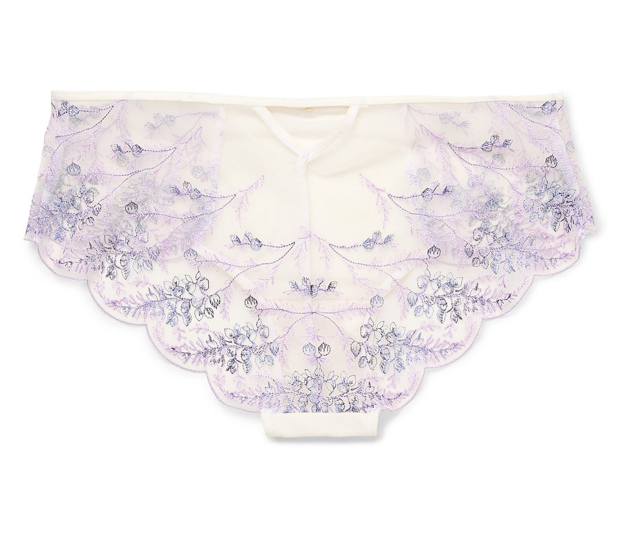 Une culotte couleur crème avec des broderies de fleurs bleues posée sur un fond blanc.