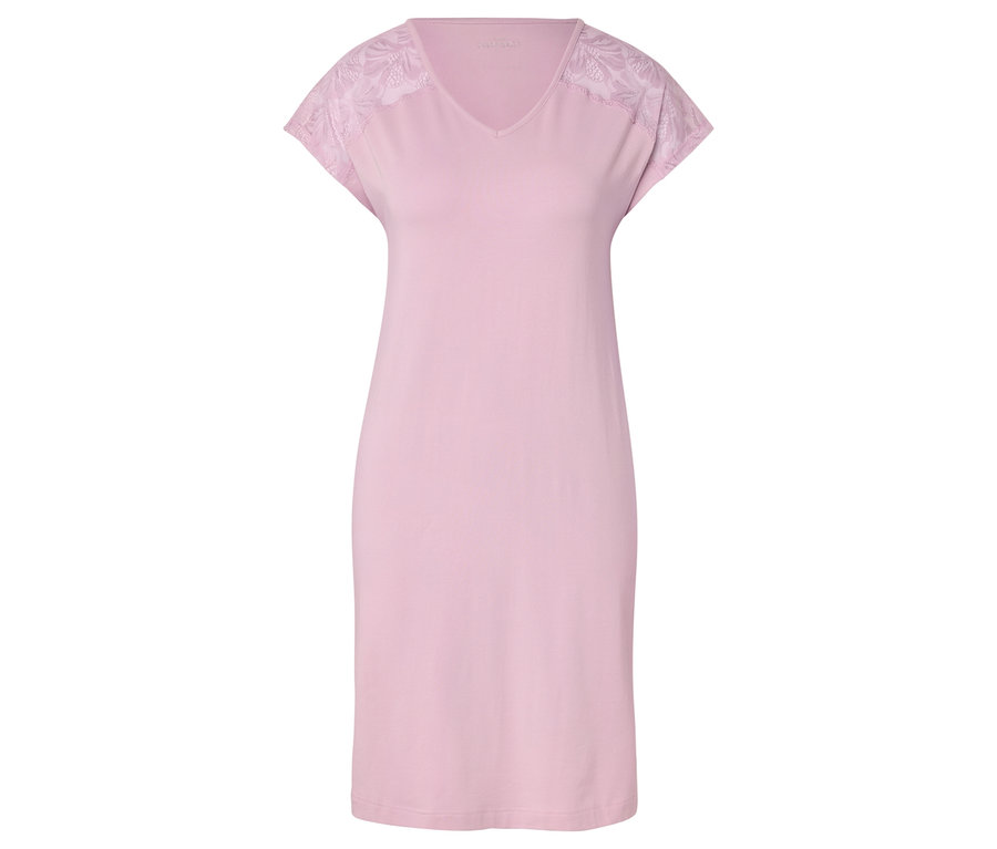 Chemise de nuit rose à col en V et manches en dentelle.