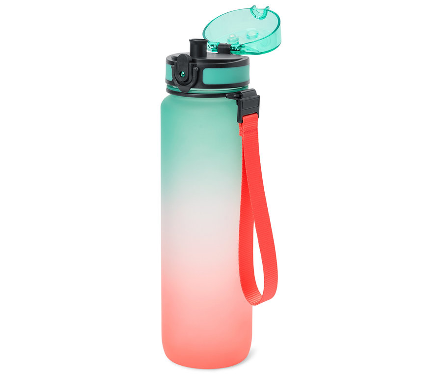 Une bouteille d'eau ouverte bicolore avec une dragonne rouge.