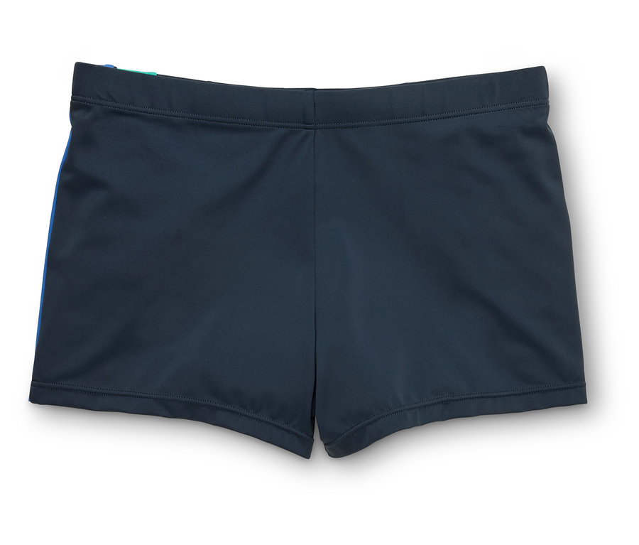 Maillot de bain bleu marine avec une bande bleue sur le côté, posé à plat.