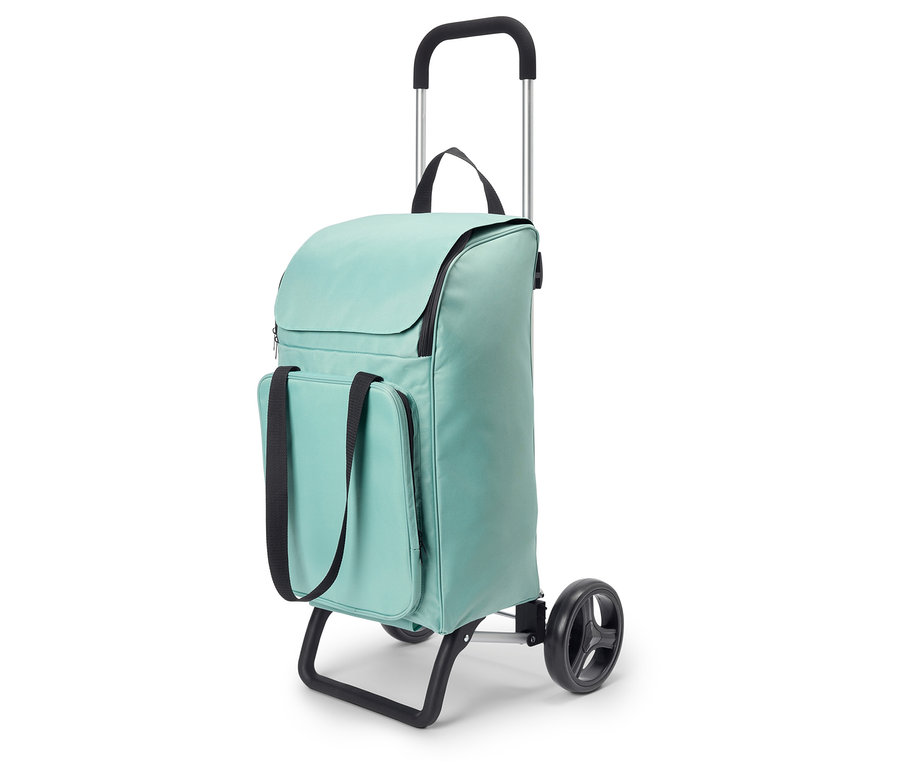 Un chariot de courses vert menthe avec des accents noirs sur un fond blanc.