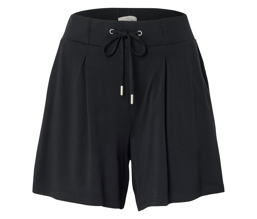 Short noir en tissu avec cordon de serrage et détails argentés.