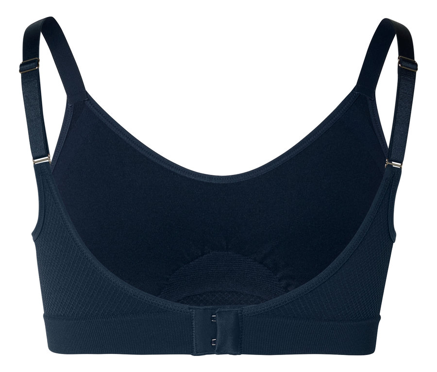 Gros plan sur le dos d'un soutien-gorge bleu marine avec bretelles réglables et fermeture à agrafes.