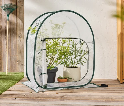 Sur une terrasse en bois se trouve une mini serre avec des plantes en pot. Un râteau est appuyé contre un mur en bois.