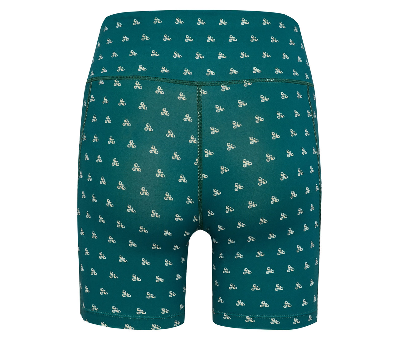 Gros plan sur l'arrière d'un short HUMMEL pour femme avec un motif blanc sur un tissu vert.