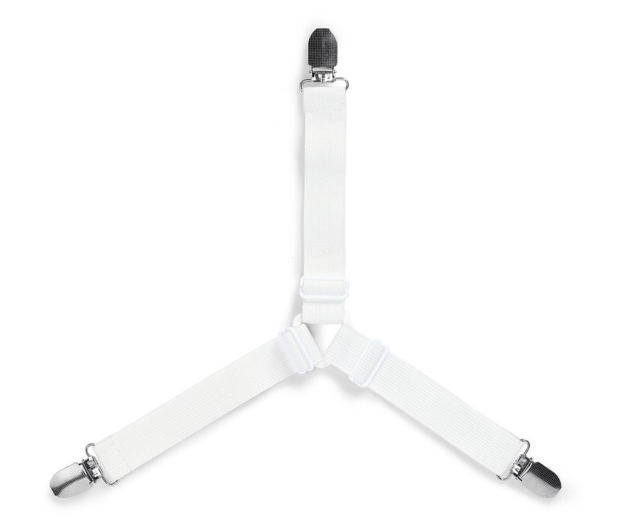 Bretelles blanches avec trois clips sur fond blanc.