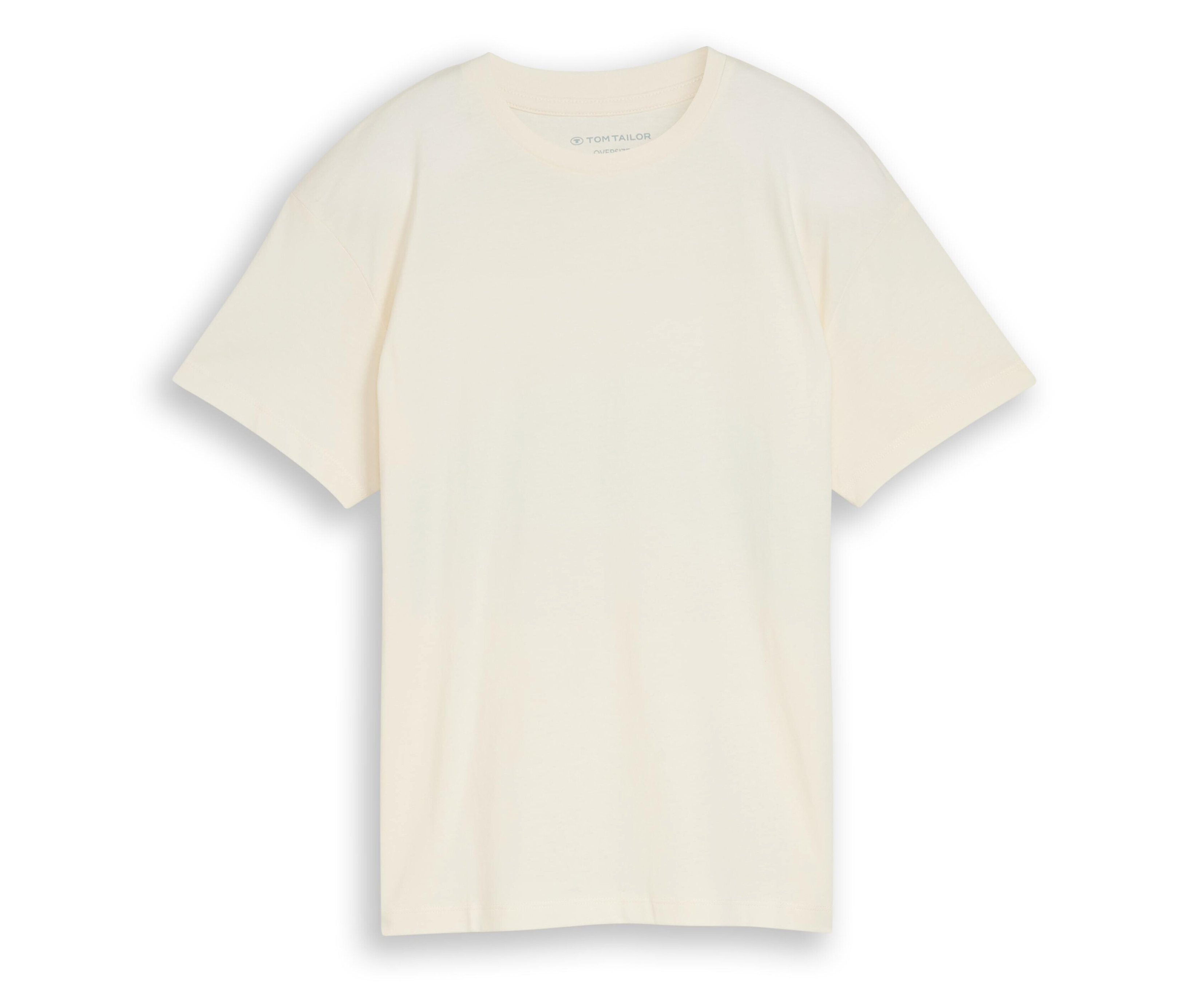 Un t-shirt Tom Tailor couleur crème posé sur un fond blanc.