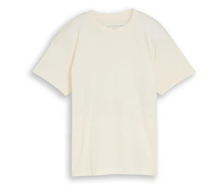 Un t-shirt Tom Tailor couleur crème posé sur un fond blanc.