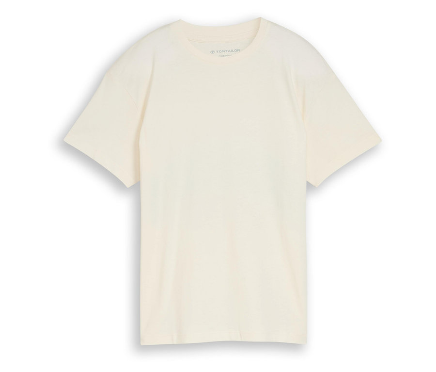 Un t-shirt Tom Tailor couleur crème posé sur un fond blanc.