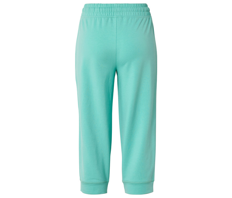 Vue arrière d'un pantacourt turquoise avec taille et ourlet élastiques.