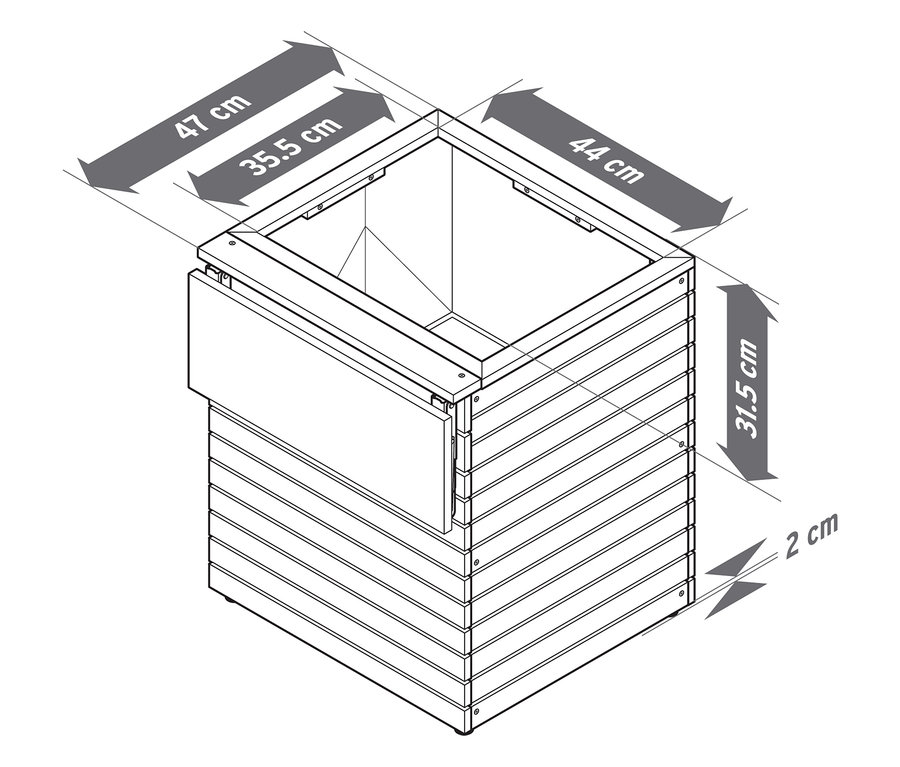 Image d'une jardinière avec table pliante « Tinus » avec dimensions.