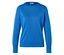 Pull en maille fine bleu à col rond, manches longues, poignets côtelés et trois petits boutons foncés sur chaque manchette.