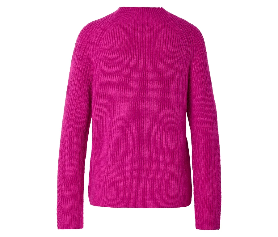 Vue arrière d'un pull en tricot rose à col rond.