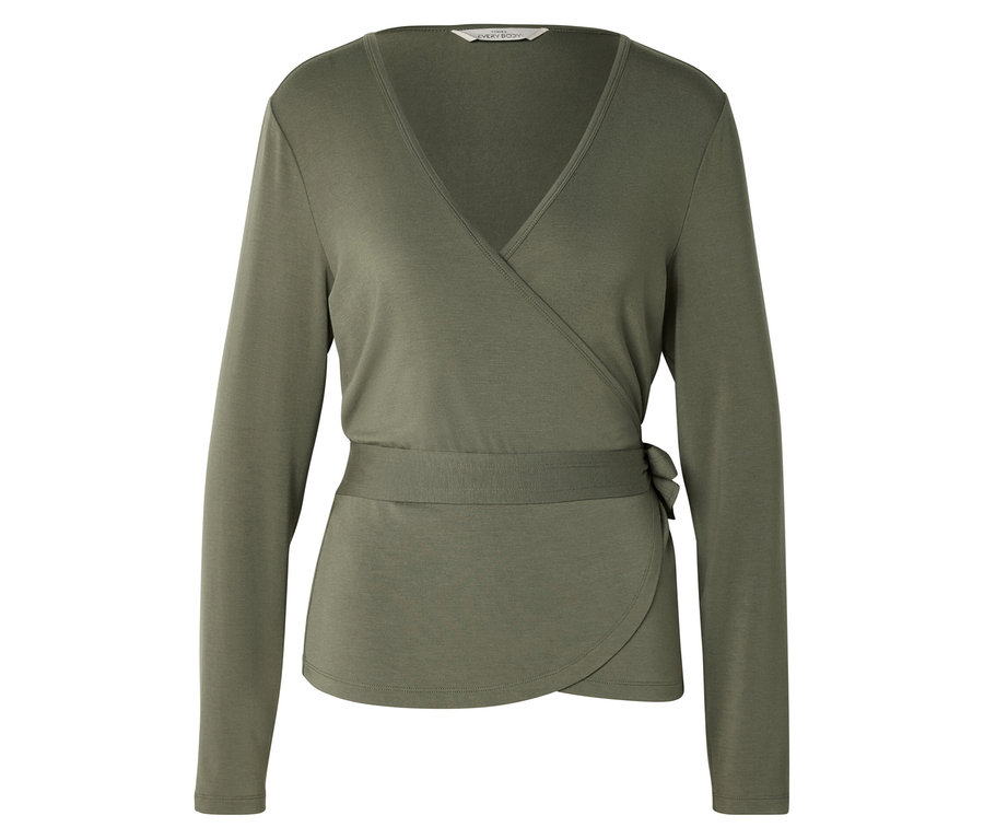 Un haut cache-cœur olive à manches longues avec un col en V et une ceinture à nouer à la taille est visible sur un fond blanc.