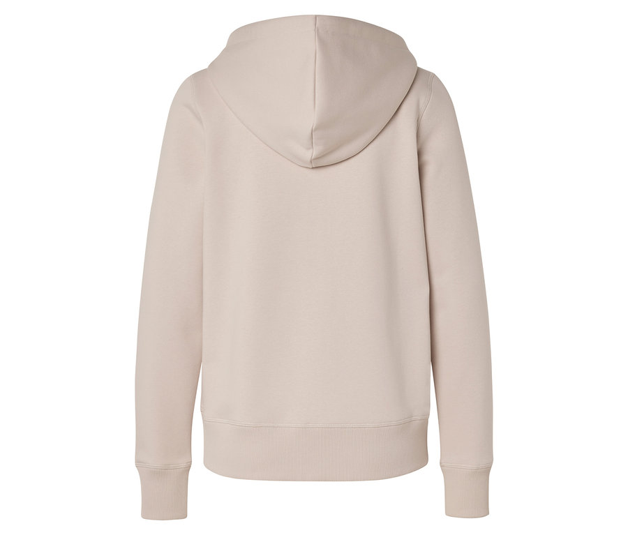 Vue arrière d'un sweat à capuche beige avec des manches longues et des poignets côtelés.
