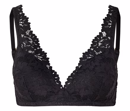Soutien-gorge noir en dentelle avec décolleté en V et bretelles réglables.