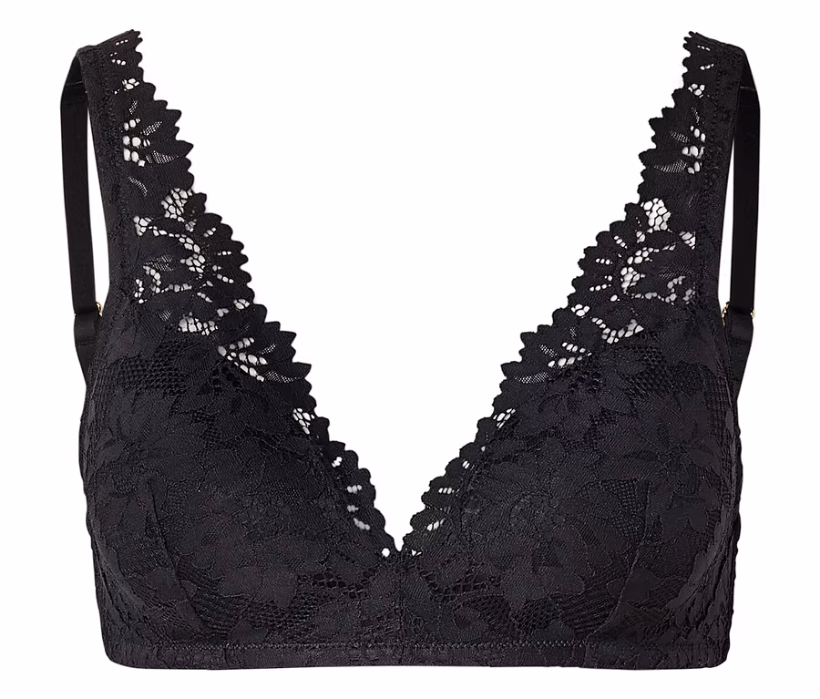 Soutien-gorge noir en dentelle avec décolleté en V et bretelles réglables.