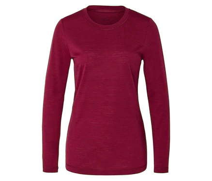 T-shirt technique rouge à manches longues et col rond, en laine mérinos.