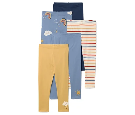 Cinq leggings de différentes couleurs et motifs sont empilés.